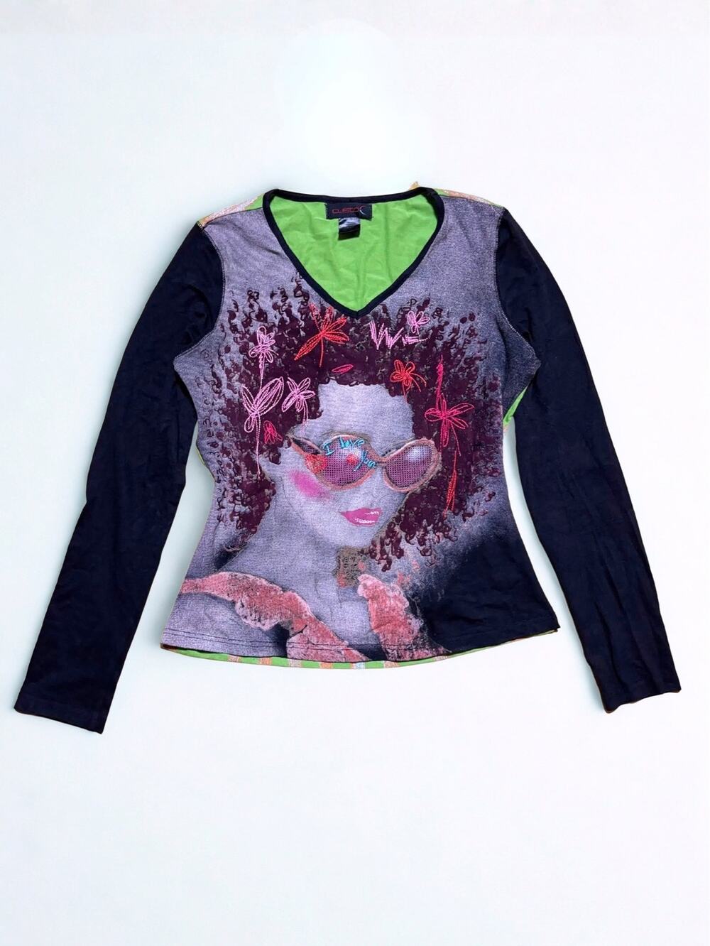 Vtg Y2K Custo Barcelona Girl Face Graphic Multicolor Dragonfly Embroidery Size S